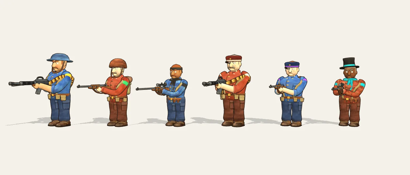 Six heroes from both armies in different uniforms and hats